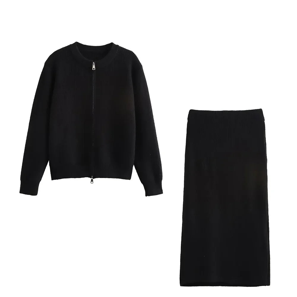 Women's Autumn Winter Casual Elegant Pit Striped Knitted Sweater and Half Skirt Set Slimming Fashion Ensemble for Office and Leisure Wear