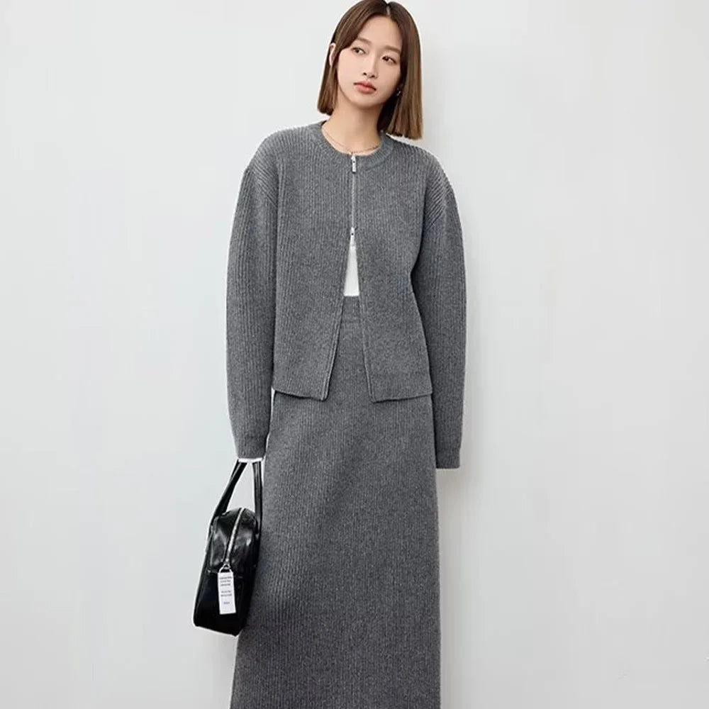 Women's Autumn Winter Casual Elegant Pit Striped Knitted Sweater and Half Skirt Set Slimming Fashion Ensemble for Office and Leisure Wear