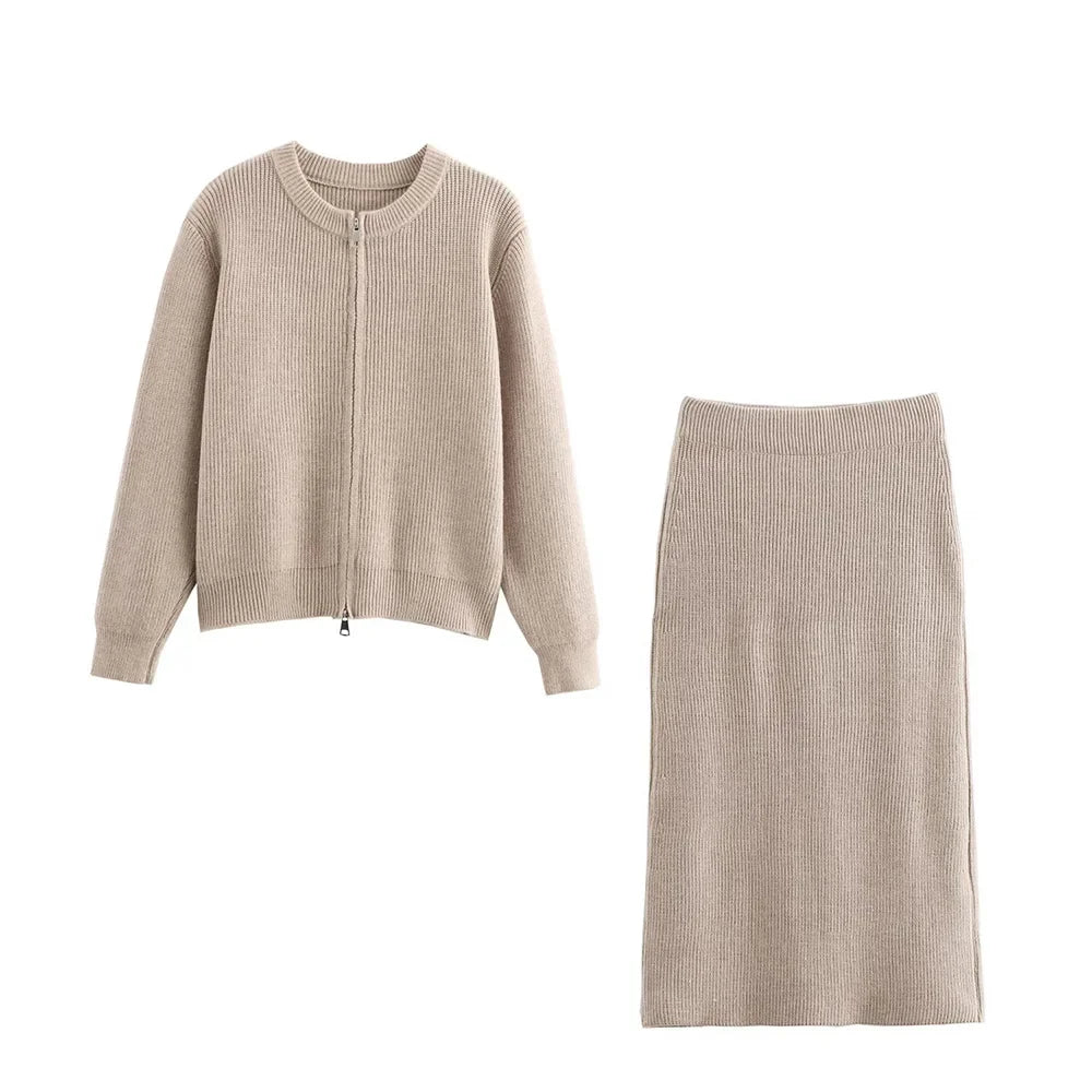 Women's Autumn Winter Casual Elegant Pit Striped Knitted Sweater and Half Skirt Set Slimming Fashion Ensemble for Office and Leisure Wear