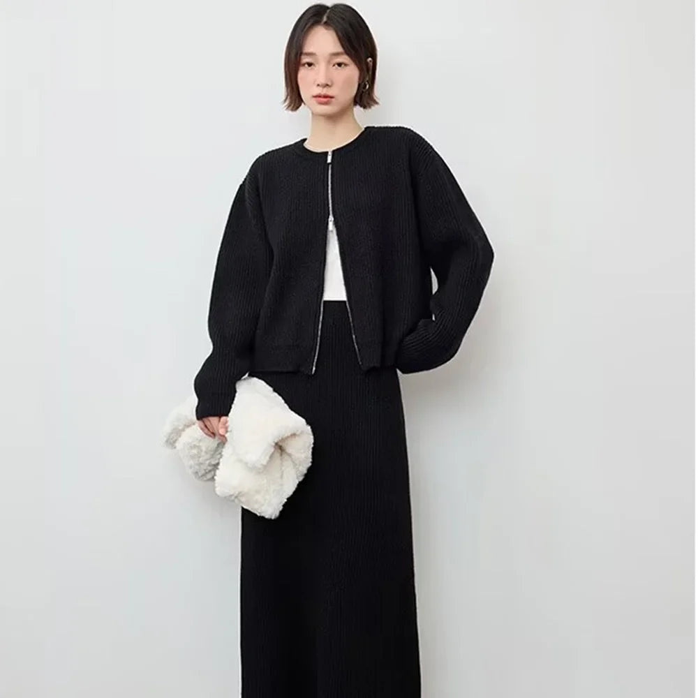 Women's Autumn Winter Casual Elegant Pit Striped Knitted Sweater and Half Skirt Set Slimming Fashion Ensemble for Office and Leisure Wear