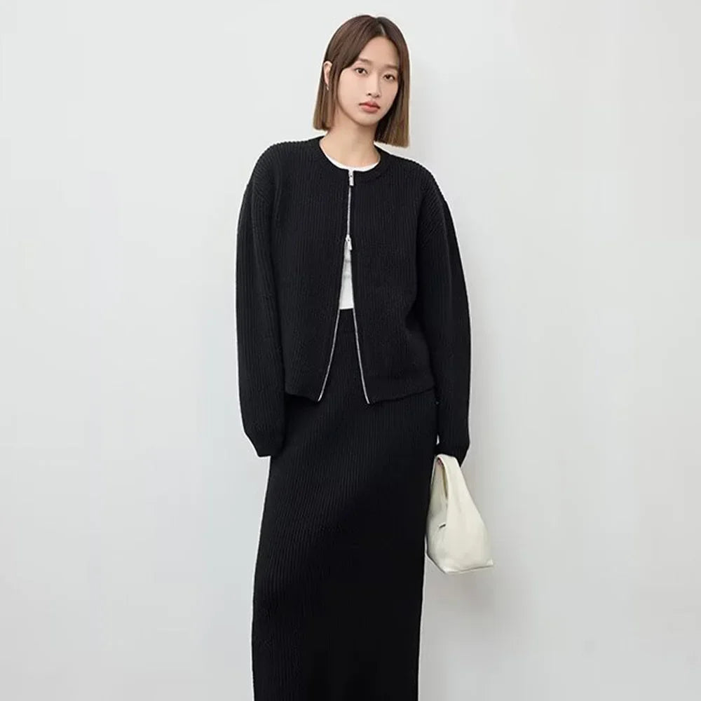 Women's Autumn Winter Casual Elegant Pit Striped Knitted Sweater and Half Skirt Set Slimming Fashion Ensemble for Office and Leisure Wear