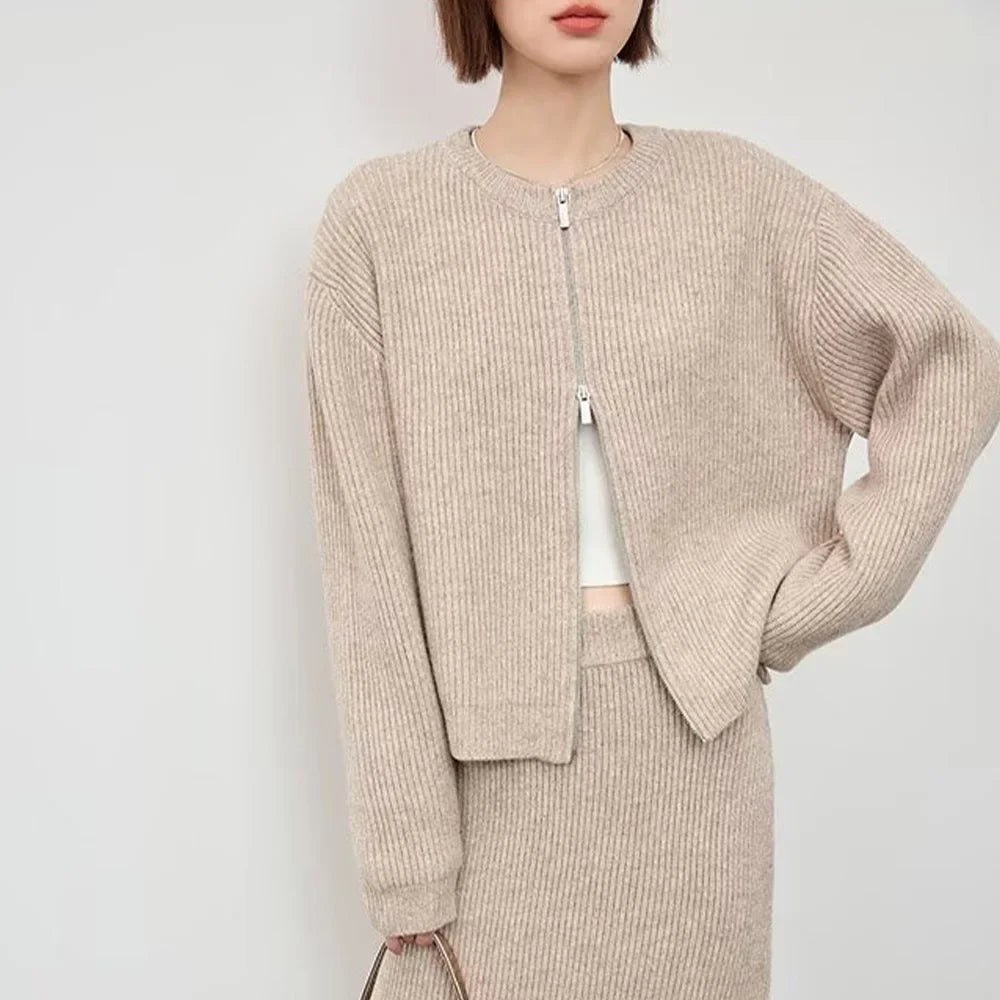 Women's Autumn Winter Casual Elegant Pit Striped Knitted Sweater and Half Skirt Set Slimming Fashion Ensemble for Office and Leisure Wear