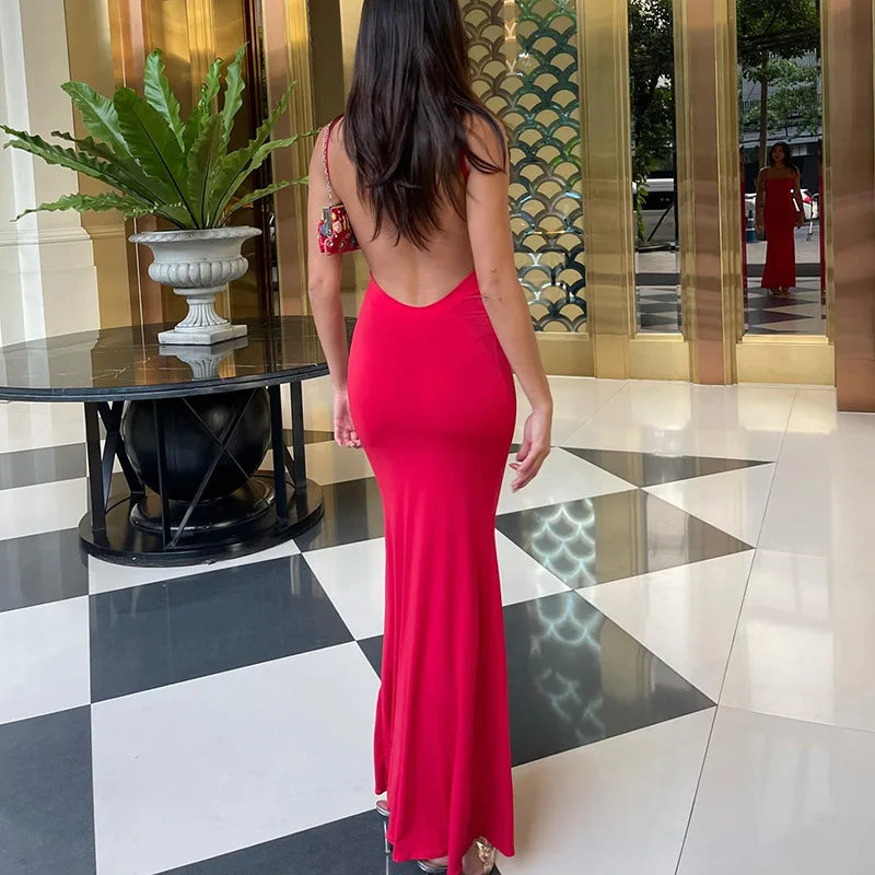 Elegant Sleeveless Backless Bodycon Maxi Dress for Women with Y2K Style Ideal for Prom, Parties, and Casual Occasions