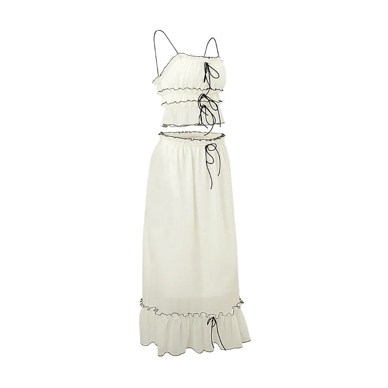 Elegant Backless Lace Two-Piece Set with Spaghetti Strap Pleated Tank Top and Flowing Beach Skirt