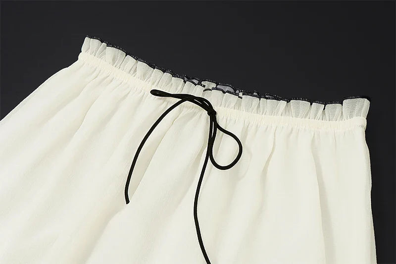 Elegant Backless Lace Two-Piece Set with Spaghetti Strap Pleated Tank Top and Flowing Beach Skirt