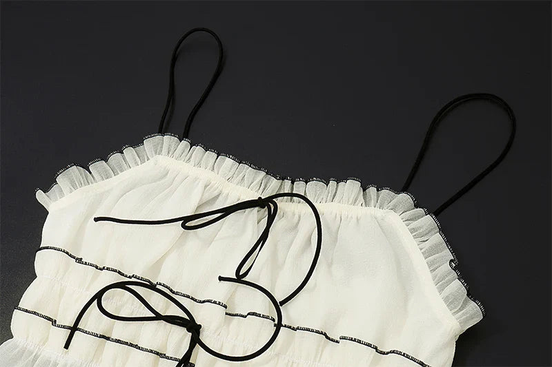 Elegant Backless Lace Two-Piece Set with Spaghetti Strap Pleated Tank Top and Flowing Beach Skirt