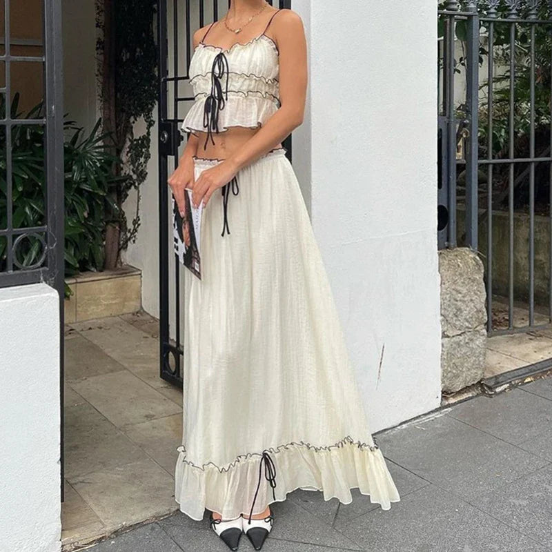 Elegant Backless Lace Two-Piece Set with Spaghetti Strap Pleated Tank Top and Flowing Beach Skirt