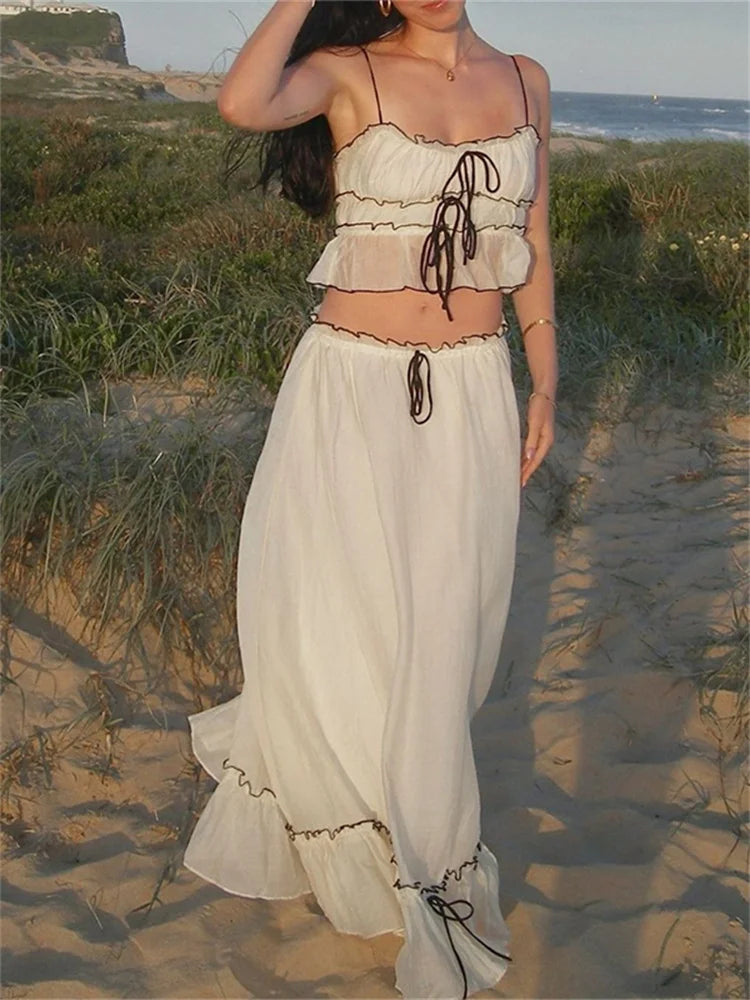 Elegant Backless Lace Two-Piece Set with Spaghetti Strap Pleated Tank Top and Flowing Beach Skirt