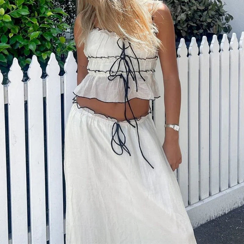 Elegant Backless Lace Two-Piece Set with Spaghetti Strap Pleated Tank Top and Flowing Beach Skirt