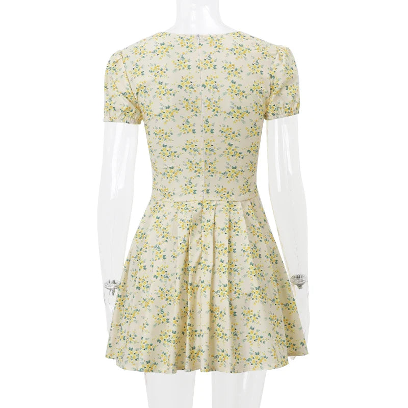 Elegant Retro Print Y2K Summer Dress with Ruffled Details and V-Neck Short Sleeves for Casual, Evening, and Club Wear