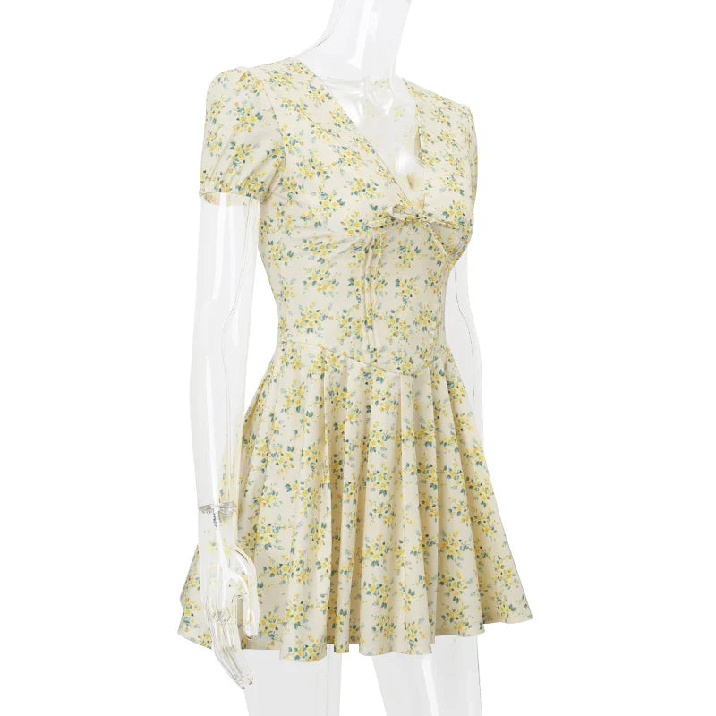 Elegant Retro Print Y2K Summer Dress with Ruffled Details and V-Neck Short Sleeves for Casual, Evening, and Club Wear