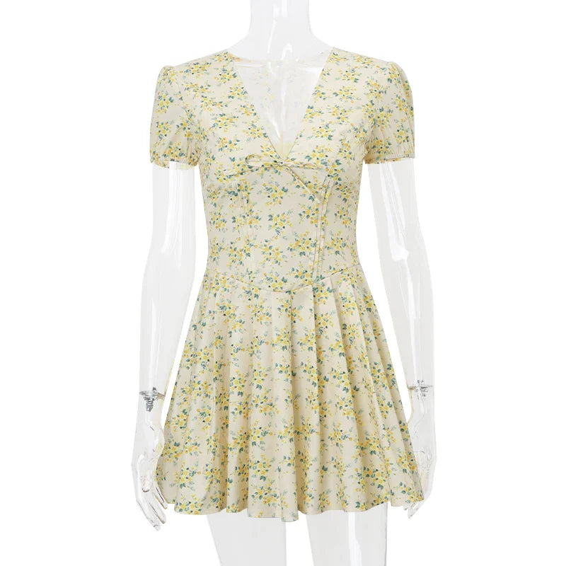 Elegant Retro Print Y2K Summer Dress with Ruffled Details and V-Neck Short Sleeves for Casual, Evening, and Club Wear