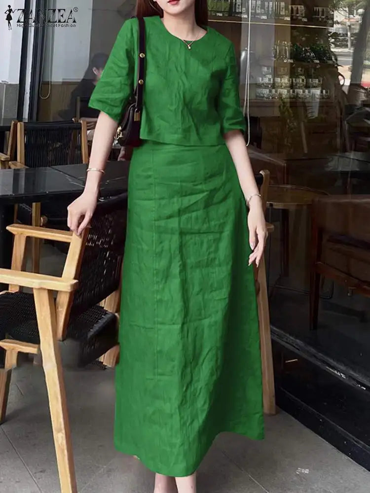 Women's Casual 2PCS Dress Set with Short Sleeve Crop Top and Long Skirt Solid Color Matching Outfit for Summer and Spring