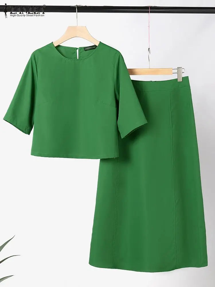 Women's Casual 2PCS Dress Set with Short Sleeve Crop Top and Long Skirt Solid Color Matching Outfit for Summer and Spring