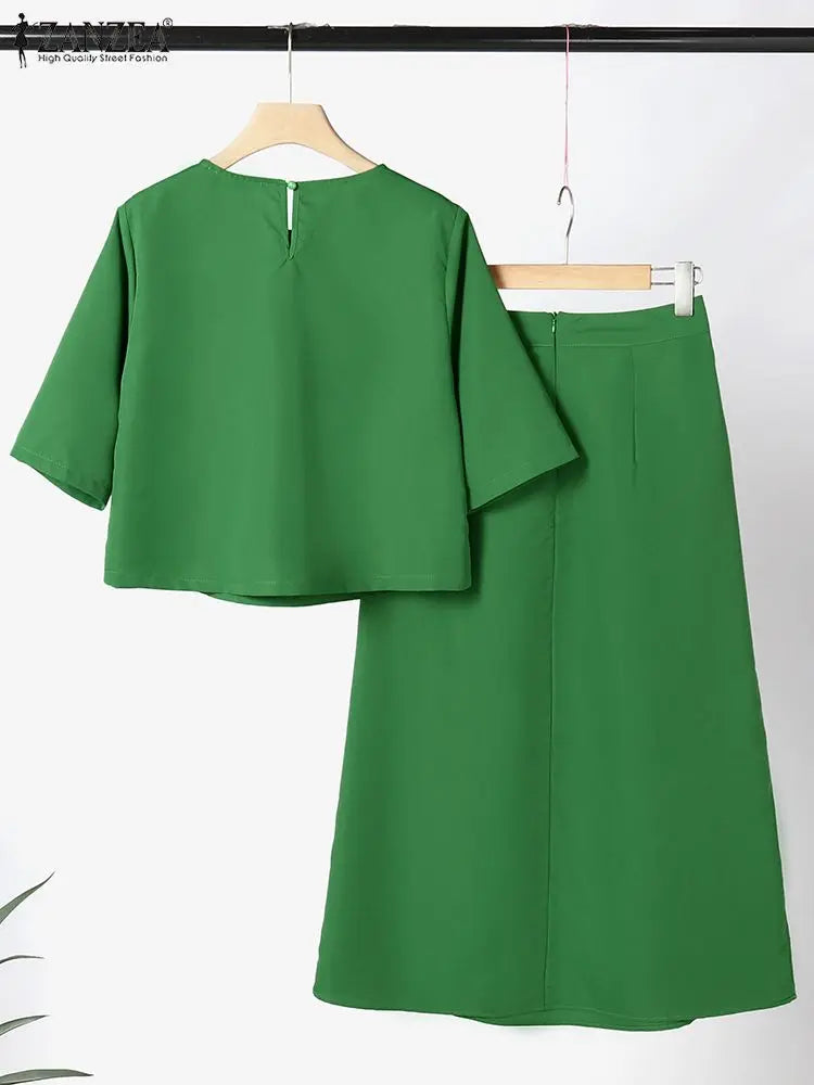 Women's Casual 2PCS Dress Set with Short Sleeve Crop Top and Long Skirt Solid Color Matching Outfit for Summer and Spring