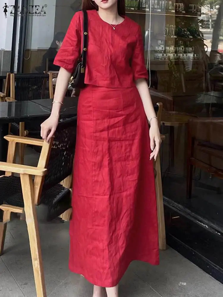 Women's Casual 2PCS Dress Set with Short Sleeve Crop Top and Long Skirt Solid Color Matching Outfit for Summer and Spring