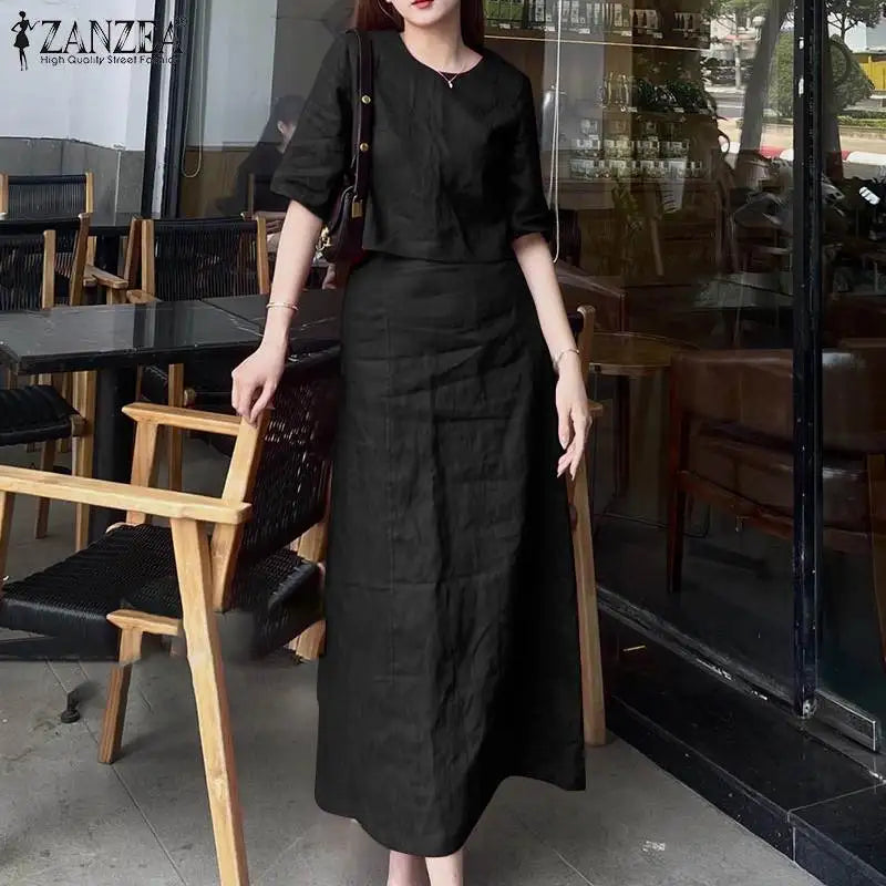 Women's Casual 2PCS Dress Set with Short Sleeve Crop Top and Long Skirt Solid Color Matching Outfit for Summer and Spring