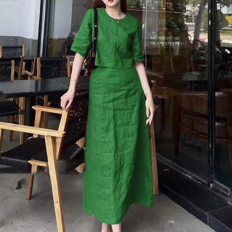 Women's Casual 2PCS Dress Set with Short Sleeve Crop Top and Long Skirt Solid Color Matching Outfit for Summer and Spring