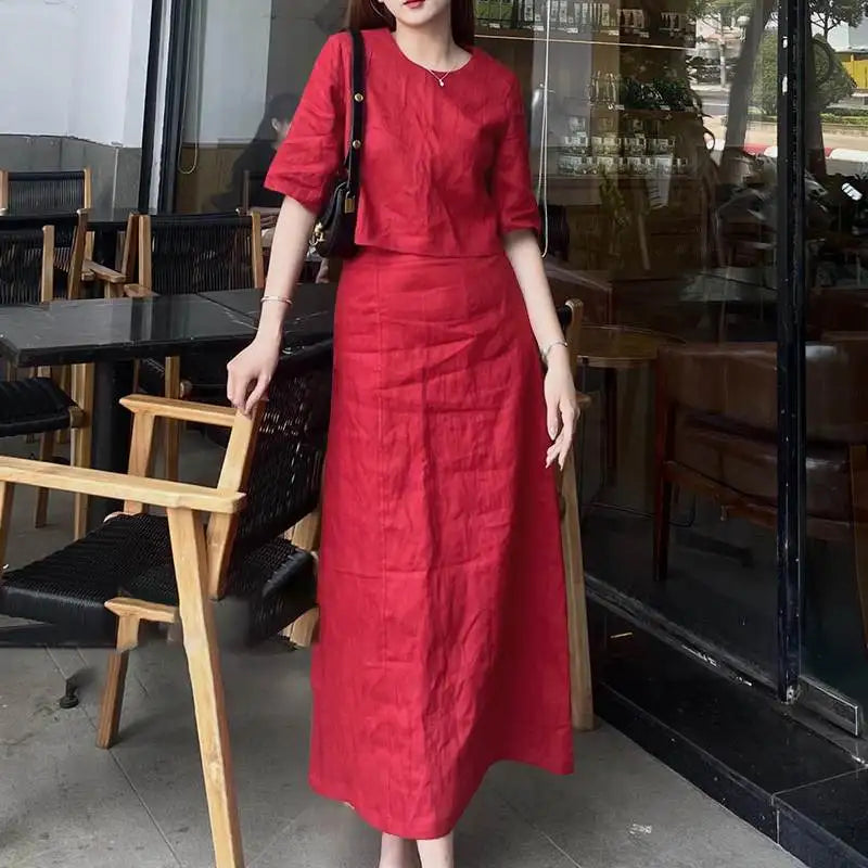 Women's Casual 2PCS Dress Set with Short Sleeve Crop Top and Long Skirt Solid Color Matching Outfit for Summer and Spring