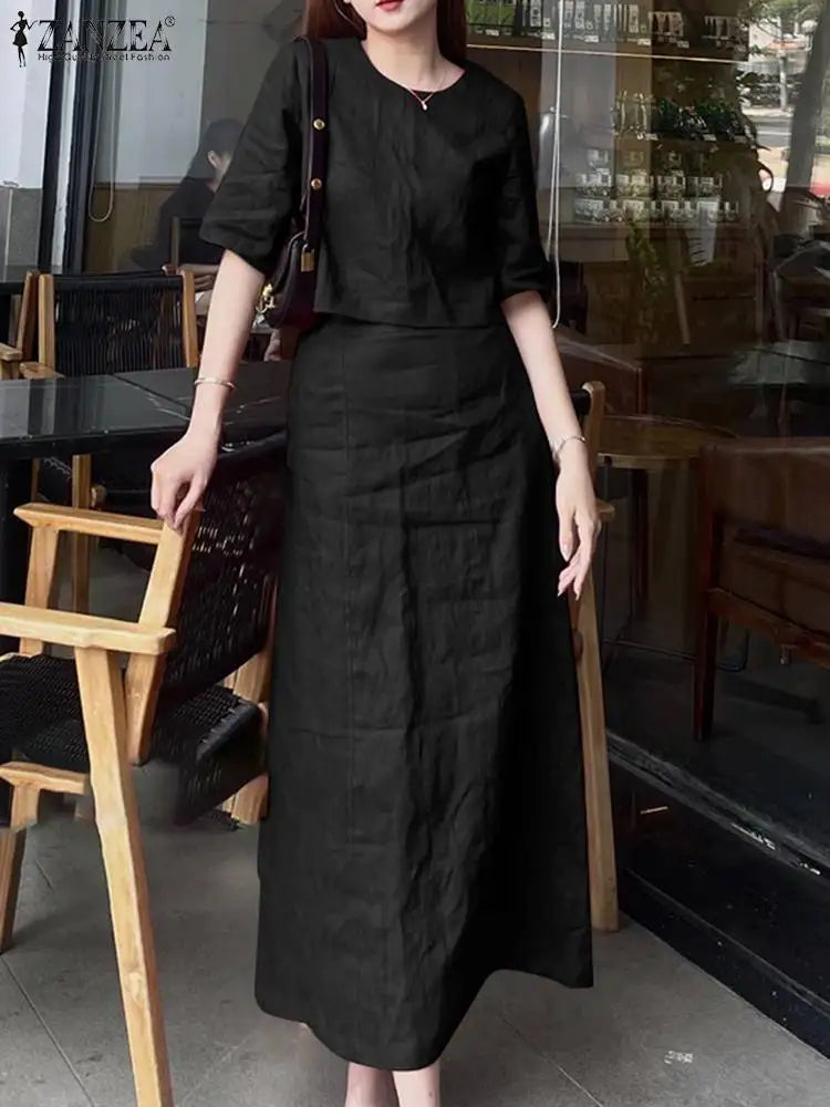 Women's Casual 2PCS Dress Set with Short Sleeve Crop Top and Long Skirt Solid Color Matching Outfit for Summer and Spring