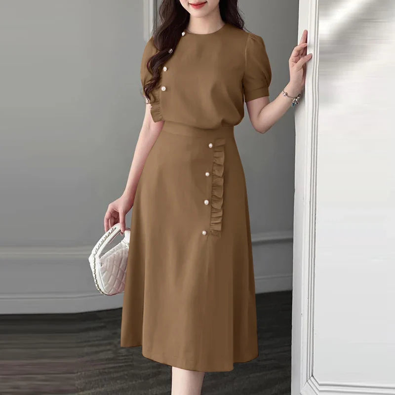 Elegant Women Two Piece Dress Set with Puff Short Sleeves Vintage Ruffled Edges Decorative Buttons Formal Office Blouse and Long Skirt Summer Casual Suit