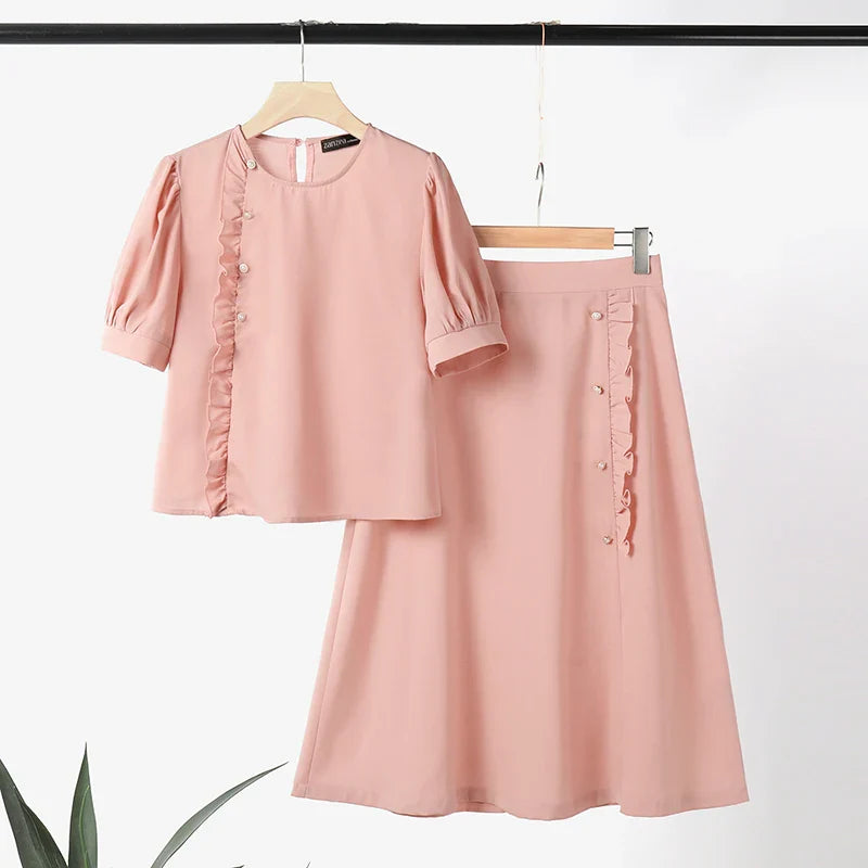 Elegant Women Two Piece Dress Set with Puff Short Sleeves Vintage Ruffled Edges Decorative Buttons Formal Office Blouse and Long Skirt Summer Casual Suit