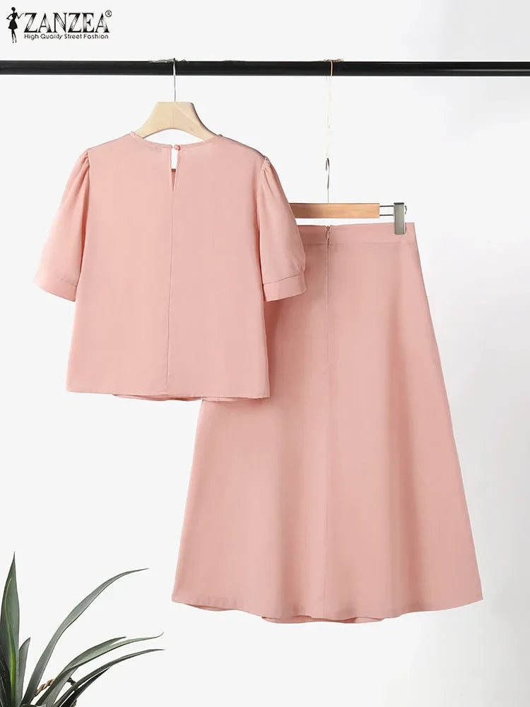 Elegant Women Two Piece Dress Set with Puff Short Sleeves Vintage Ruffled Edges Decorative Buttons Formal Office Blouse and Long Skirt Summer Casual Suit