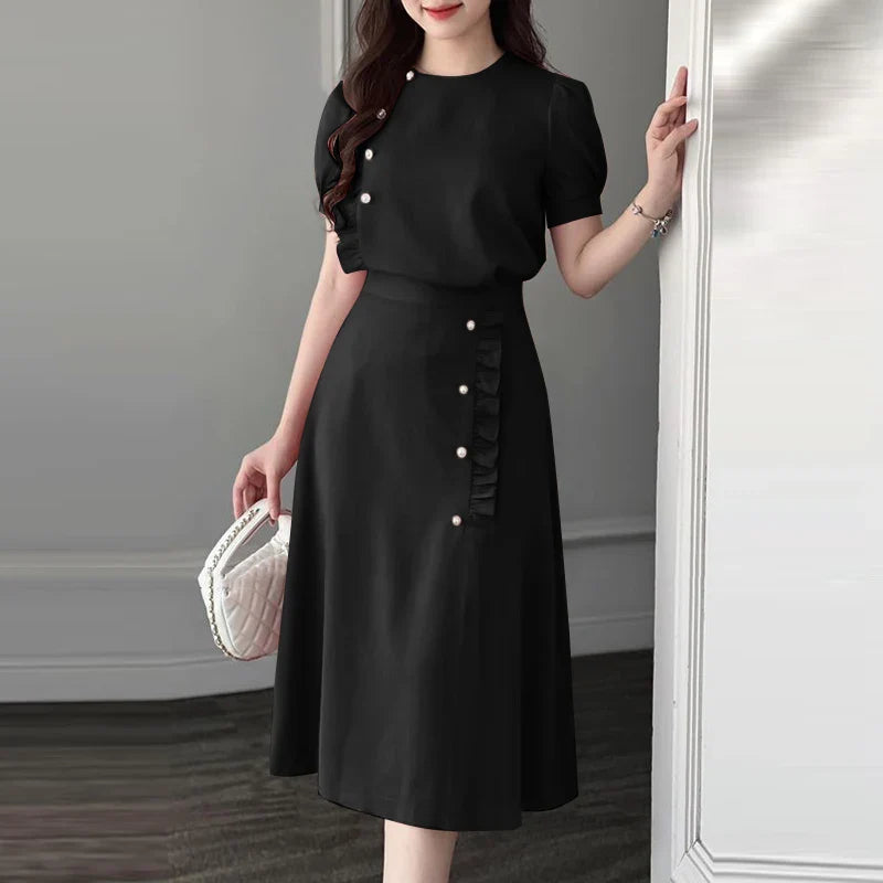 Elegant Women Two Piece Dress Set with Puff Short Sleeves Vintage Ruffled Edges Decorative Buttons Formal Office Blouse and Long Skirt Summer Casual Suit