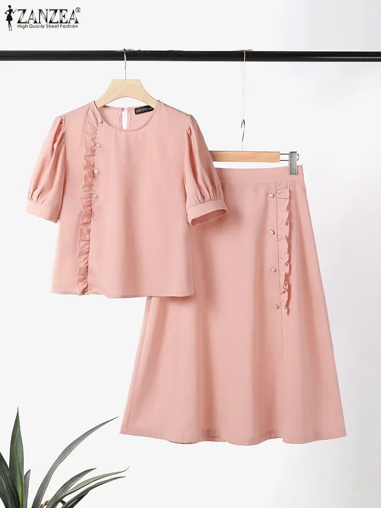 Elegant Women Two Piece Dress Set with Puff Short Sleeves Vintage Ruffled Edges Decorative Buttons Formal Office Blouse and Long Skirt Summer Casual Suit