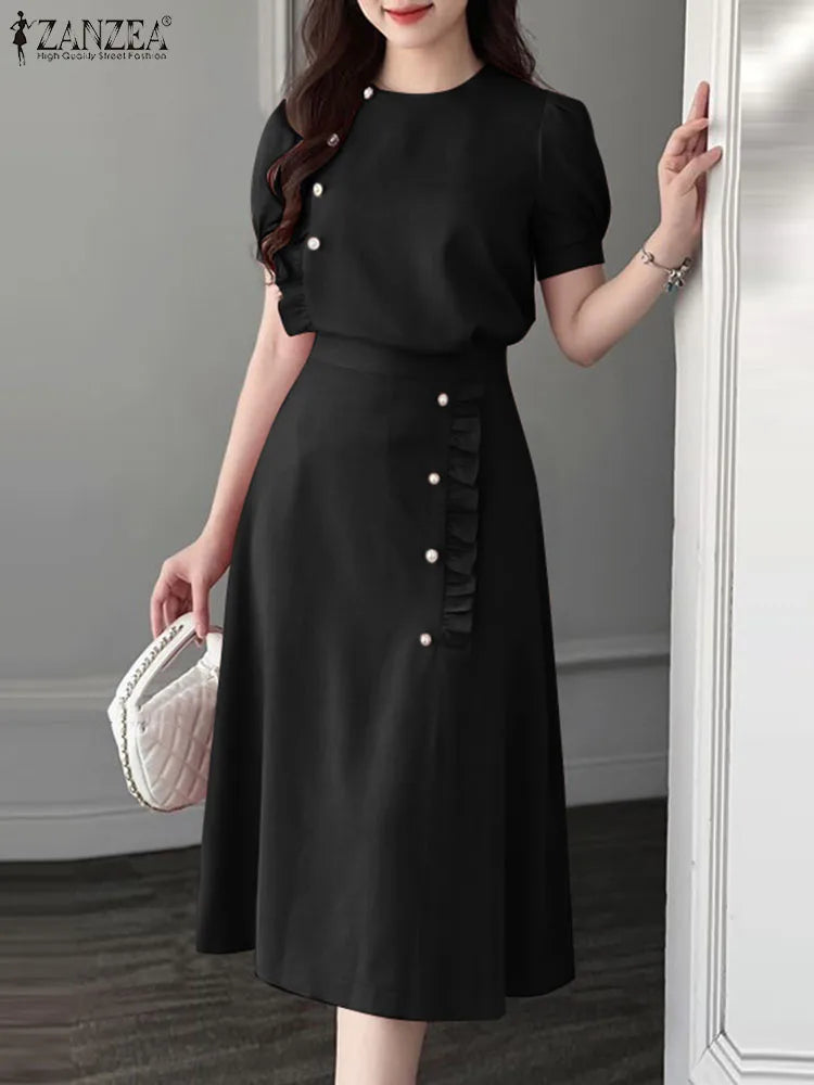 Elegant Women Two Piece Dress Set with Puff Short Sleeves Vintage Ruffled Edges Decorative Buttons Formal Office Blouse and Long Skirt Summer Casual Suit