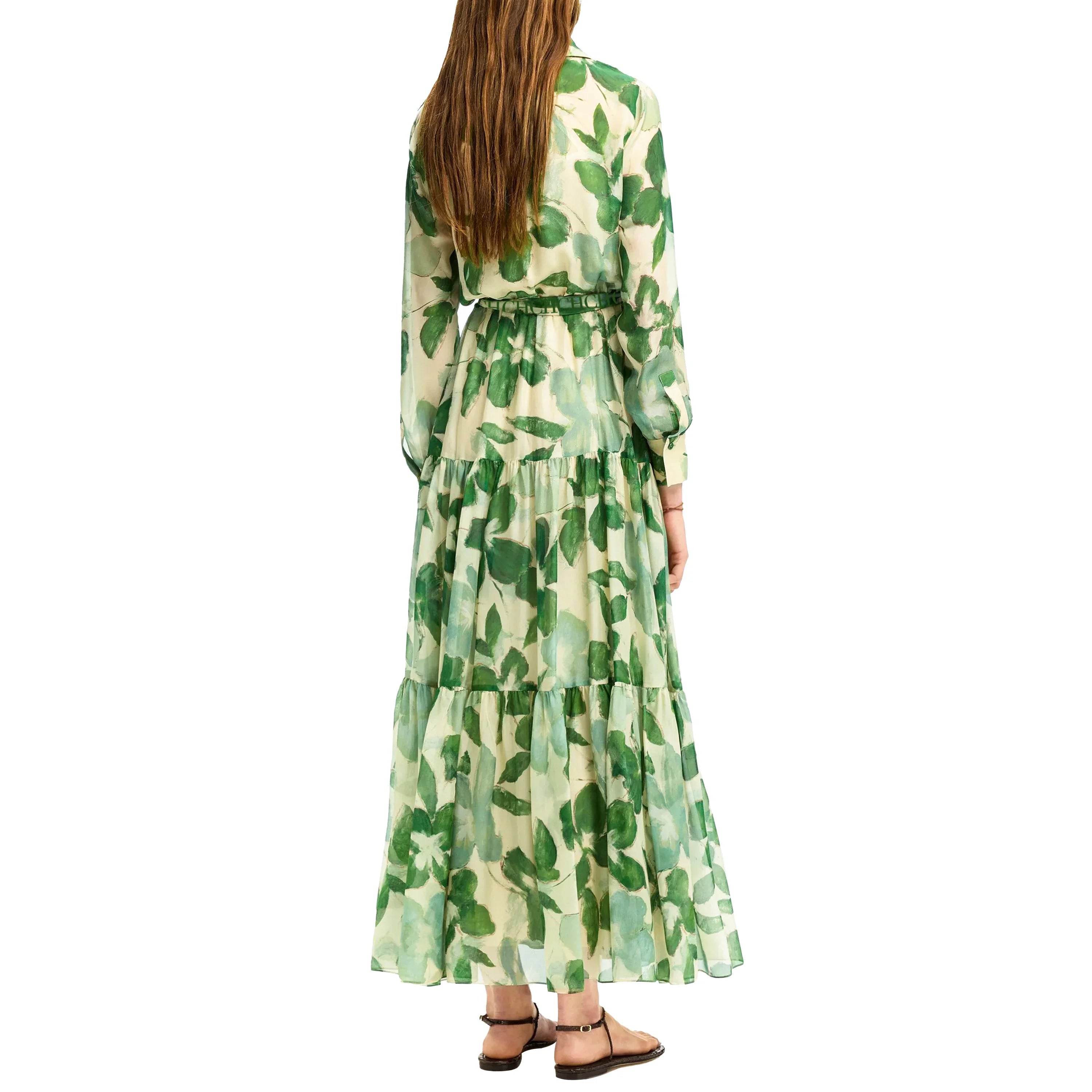 Elegant Belted Chiffon V-Neck Maxi Dress for Women with Floral Print and Slim Fit Design for Stylish Holiday and Street Wear