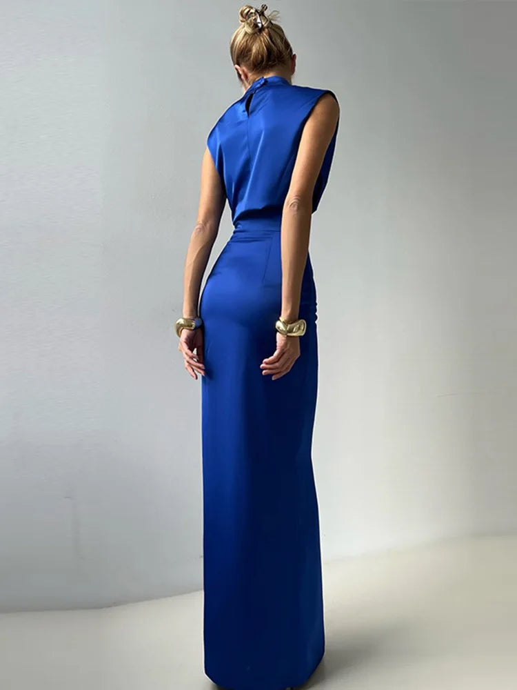 Sexy Satin Two Piece Set for Women Turtleneck Sleeveless Vest with High Waist Long Bodycon Skirt Elegant and Chic Commute Outfit