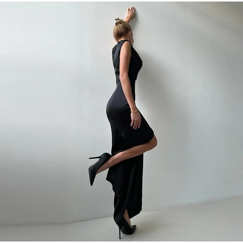 Sexy Satin Two Piece Set for Women Turtleneck Sleeveless Vest with High Waist Long Bodycon Skirt Elegant and Chic Commute Outfit