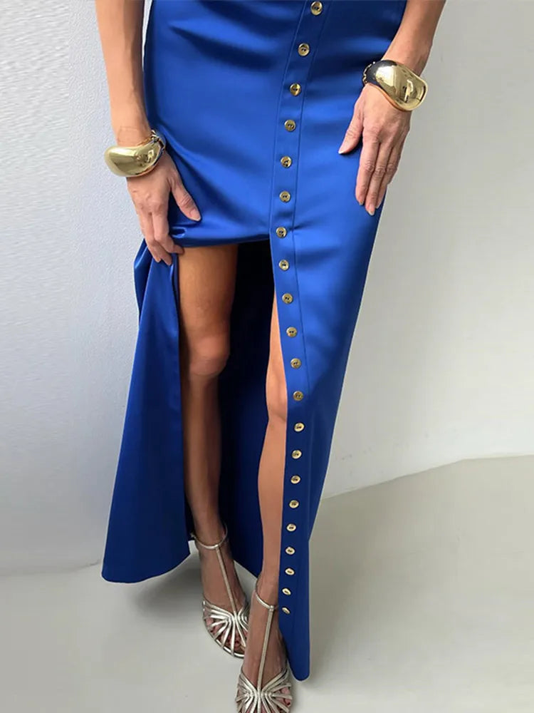 Sexy Satin Two Piece Set for Women Turtleneck Sleeveless Vest with High Waist Long Bodycon Skirt Elegant and Chic Commute Outfit