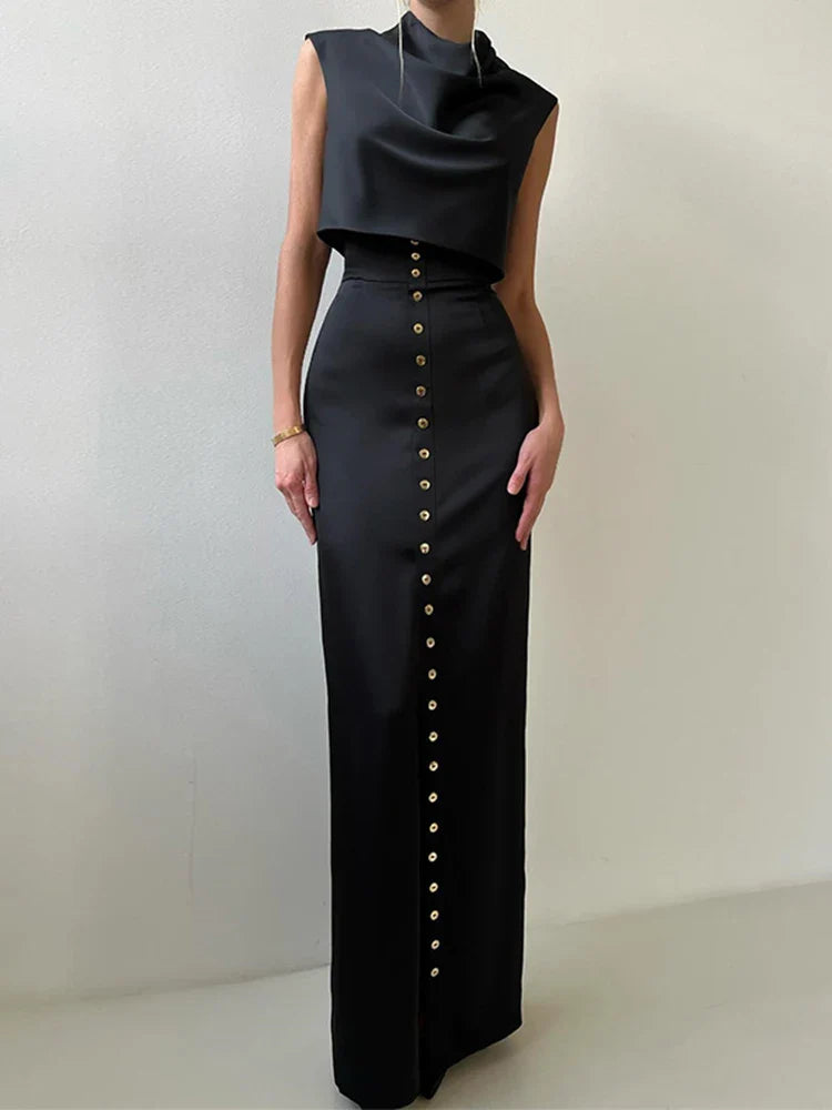 Sexy Satin Two Piece Set for Women Turtleneck Sleeveless Vest with High Waist Long Bodycon Skirt Elegant and Chic Commute Outfit