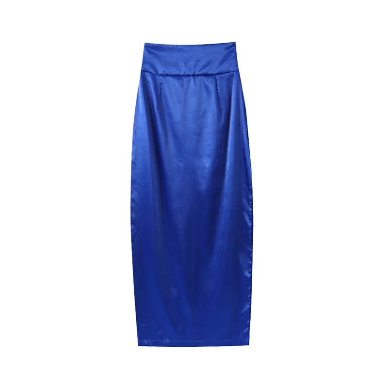 Sexy Satin Two Piece Set for Women Turtleneck Sleeveless Vest with High Waist Long Bodycon Skirt Elegant and Chic Commute Outfit