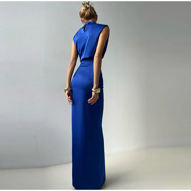 Sexy Satin Two Piece Set for Women Turtleneck Sleeveless Vest with High Waist Long Bodycon Skirt Elegant and Chic Commute Outfit