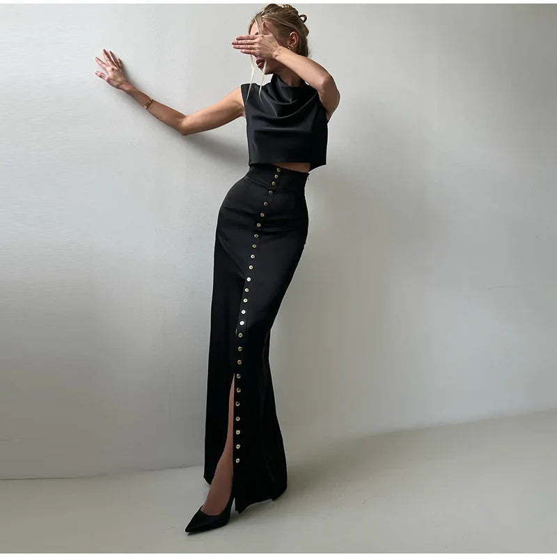 Sexy Satin Two Piece Set for Women Turtleneck Sleeveless Vest with High Waist Long Bodycon Skirt Elegant and Chic Commute Outfit