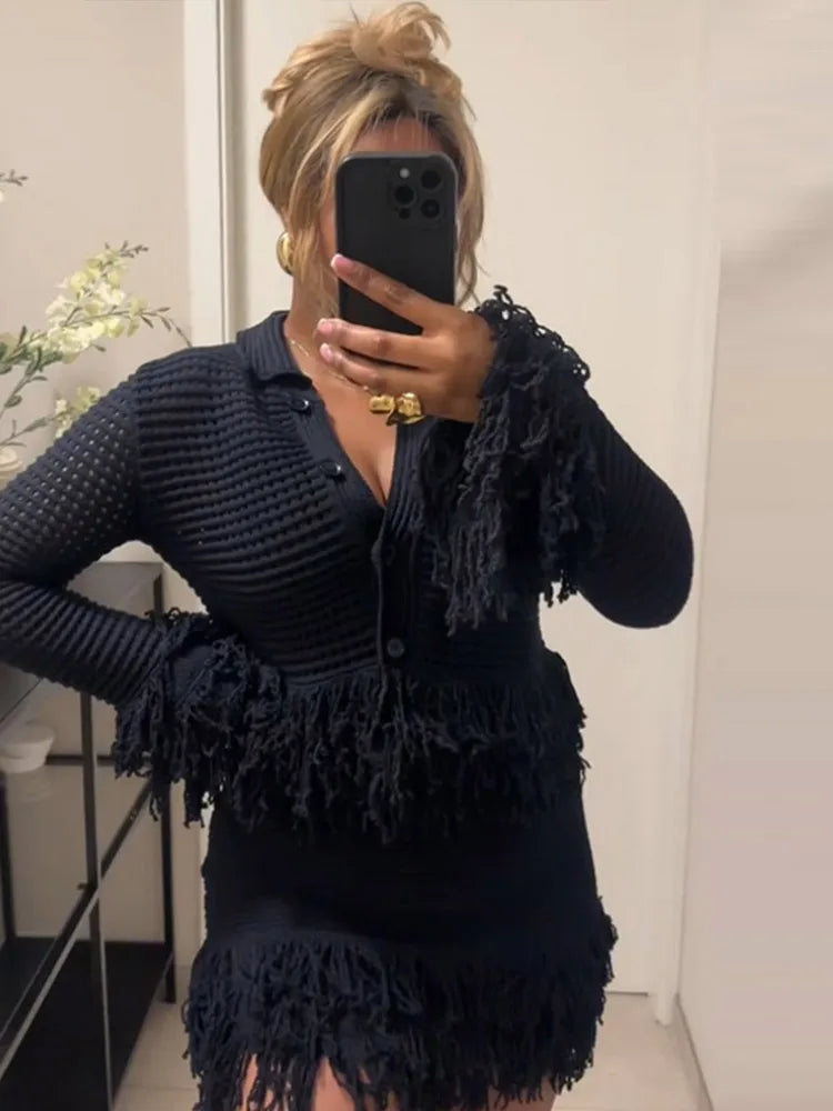 Women's Knit Tassel Cardigan and Hollow Out Single Breasted A-line Mini Skirt Set Stylish Spring Outfit