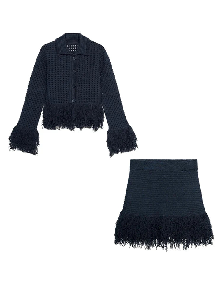 Women's Knit Tassel Cardigan and Hollow Out Single Breasted A-line Mini Skirt Set Stylish Spring Outfit