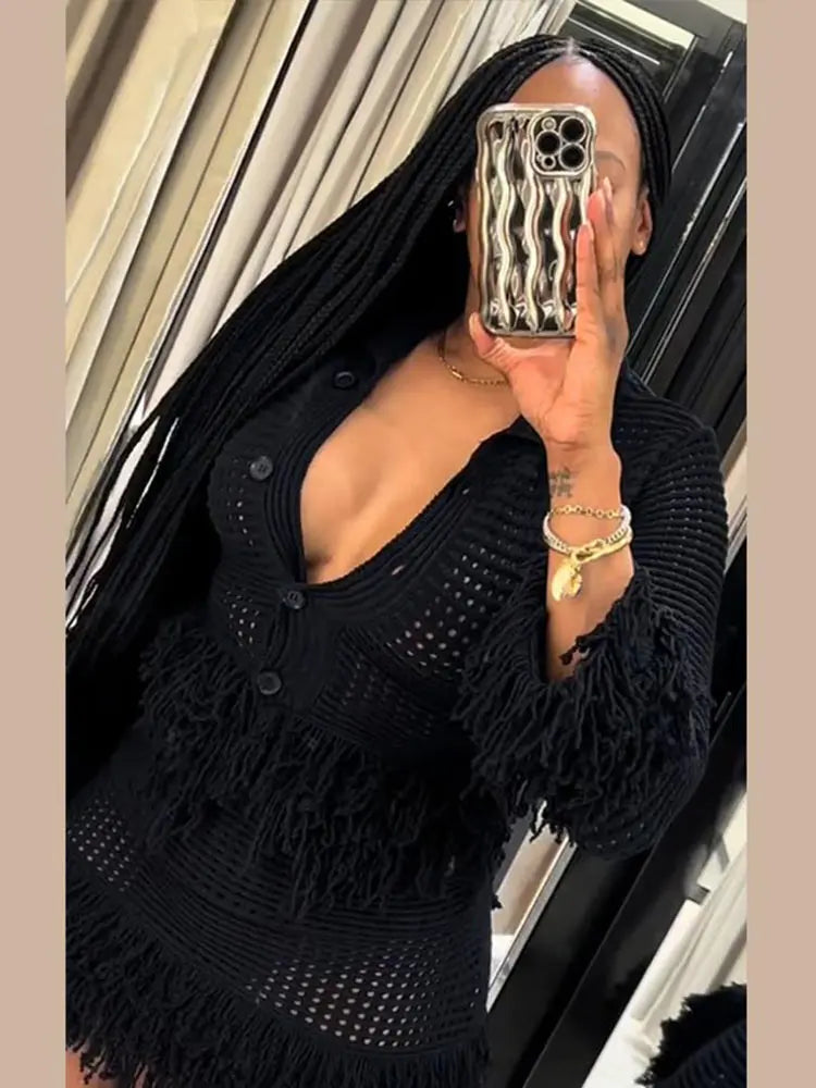 Women's Knit Tassel Cardigan and Hollow Out Single Breasted A-line Mini Skirt Set Stylish Spring Outfit