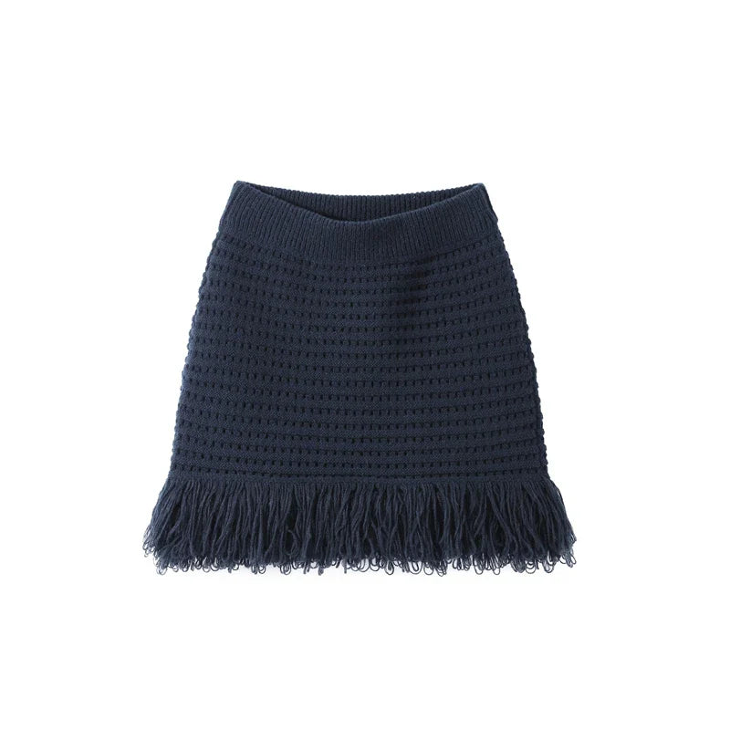 Women's Knit Tassel Cardigan and Hollow Out Single Breasted A-line Mini Skirt Set Stylish Spring Outfit