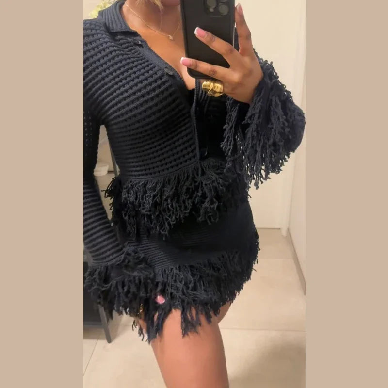 Women's Knit Tassel Cardigan and Hollow Out Single Breasted A-line Mini Skirt Set Stylish Spring Outfit