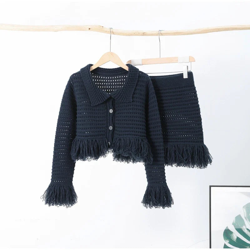 Women's Knit Tassel Cardigan and Hollow Out Single Breasted A-line Mini Skirt Set Stylish Spring Outfit