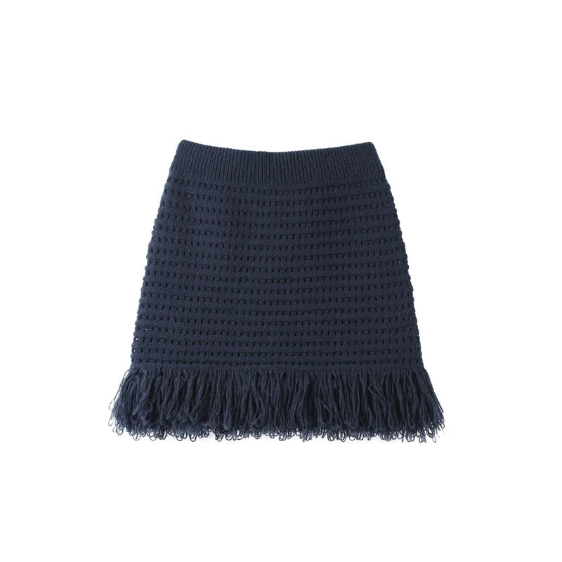 Women's Knit Tassel Cardigan and Hollow Out Single Breasted A-line Mini Skirt Set Stylish Spring Outfit