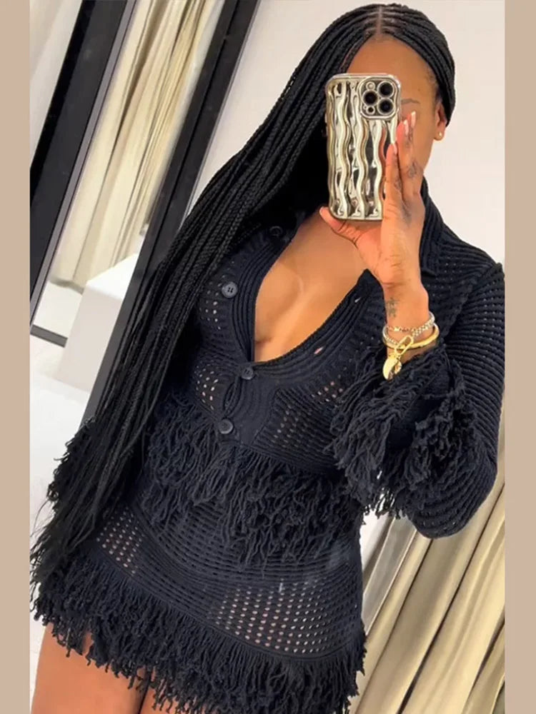 Women's Knit Tassel Cardigan and Hollow Out Single Breasted A-line Mini Skirt Set Stylish Spring Outfit