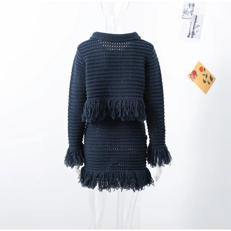 Women's Knit Tassel Cardigan and Hollow Out Single Breasted A-line Mini Skirt Set Stylish Spring Outfit