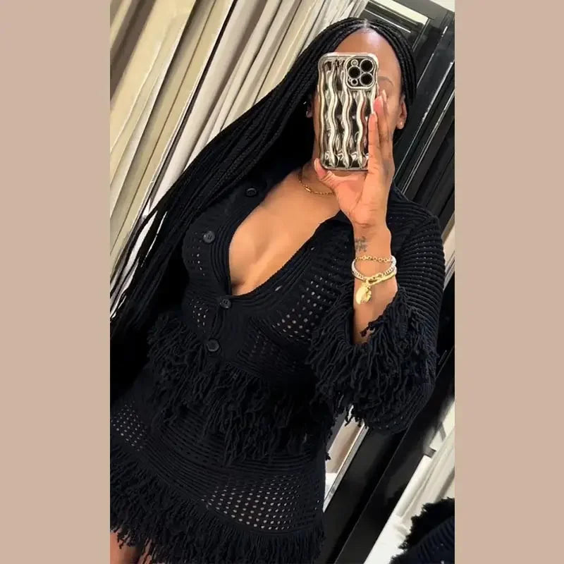 Women's Knit Tassel Cardigan and Hollow Out Single Breasted A-line Mini Skirt Set Stylish Spring Outfit