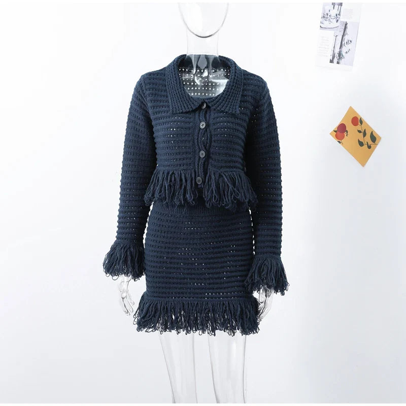 Women's Knit Tassel Cardigan and Hollow Out Single Breasted A-line Mini Skirt Set Stylish Spring Outfit