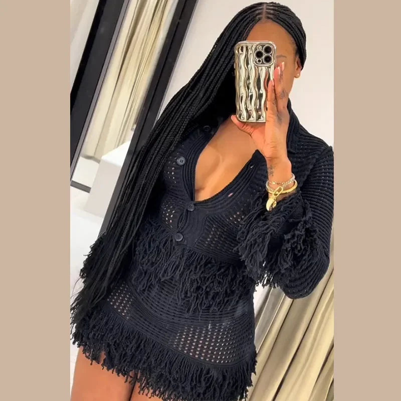 Women's Knit Tassel Cardigan and Hollow Out Single Breasted A-line Mini Skirt Set Stylish Spring Outfit